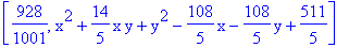 [928/1001, x^2+14/5*x*y+y^2-108/5*x-108/5*y+511/5]